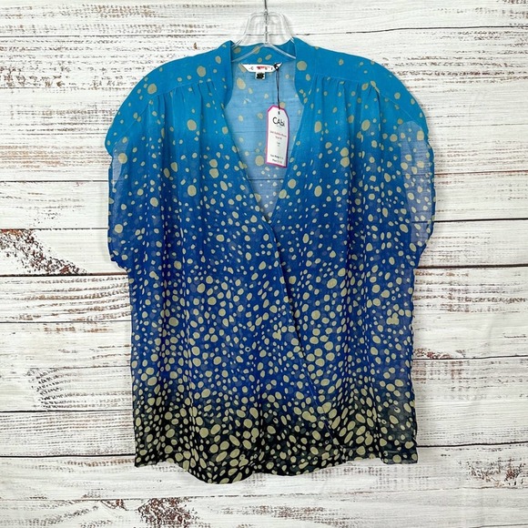 Cabi #344 Blue and Gold Bubbles Wrap Front Sheer Top, EUC, Medium, MSRP $74 - Picture 3 of 9